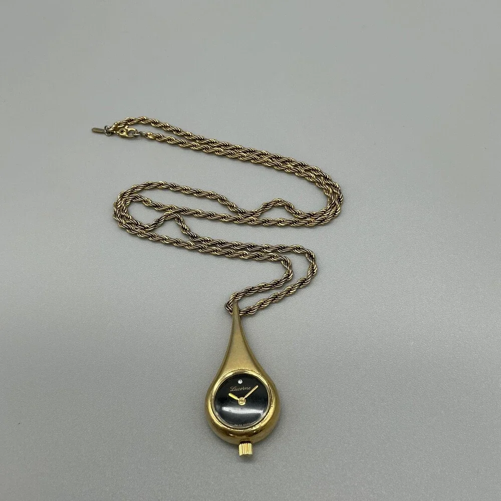 Vintage Lucerne Womens Pendant Necklace Watch 23mm Gold Tone Swiss Manual